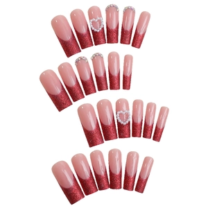 French tip red glitter press-on nails with luxury pearl hearts and rhinestones decor