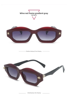 Front and side views of wine red geometric sunglasses with gradient gray lenses