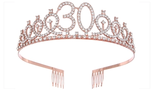 Close-up of rose gold birthday crown featuring rhinestone number 30 and side hair combs