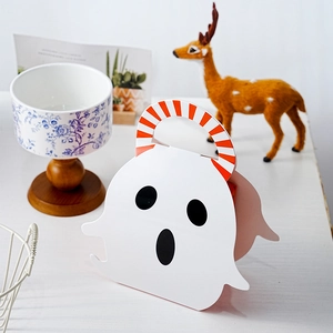 Ghost shaped Halloween gift box with red striped handle for candy and party favors