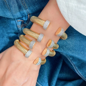 Vintage Copper Spiral Open Bracelet Rhinestone Pave Wide Elastic Cuff Ring Fashion Gold Silver Jewelry Set For Women