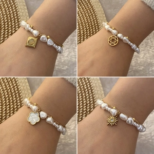 Baroque Imitation Artificial Pearl Bracelet Stainless Steel Double Layer Beaded Chain Flower Star Charm Jewelry For Women
