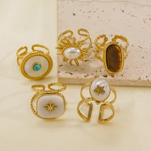 French vintage 14K gold plated stainless steel open rings set with natural stone inlay