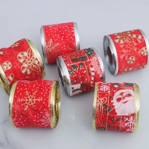 Lot de 6 rubans de Noël rouges en toile de jute avec motifs festifs et bord doré