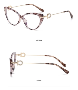 Detail view of cat-eye glasses with tortoiseshell TR90 frame and gold metal temples