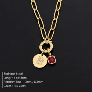 Collana a catena in acciaio al titanio oro con lettera B in strass e pendente rosso