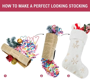 Infographic showing three steps to fill a white plush Christmas stocking with gold snowflakes