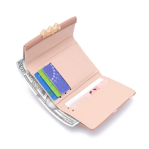 Pink trifold mini wallet with floral print and crown metal clasp shown open with card slots