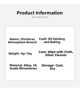 Detailed specifications table for Christmas brooch made of alloy and AAA rhinestones
