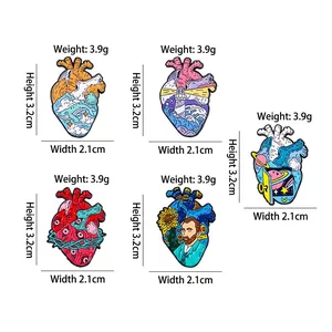 Artistic heart enamel pins set featuring Van Gogh, lighthouse, and ocean themes on metal