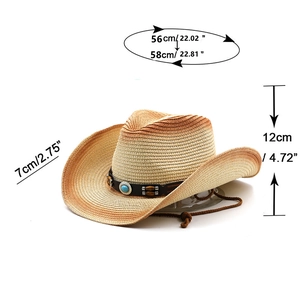 Detailansicht Stroh-Cowboyhut mit Maßangaben, Gürtelband und türkisfarbenen Steinen