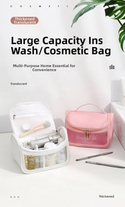 Close-up of large capacity PVC cosmetic bag with interior mesh pocket and handle