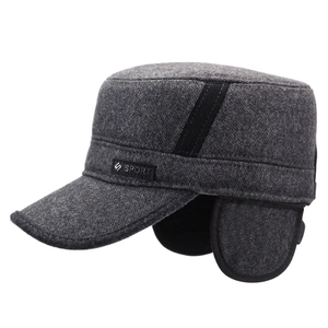 Men's winter flat top thermal cap in dark grey with fleece lining and ear protection