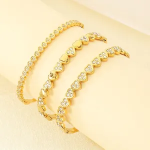 Stainless Steel Heart Shaped Bangle Bracelet Gold Plated With Cubic Zirconia Rhinestones Luxury Elegant Fashion Jewelry For Women