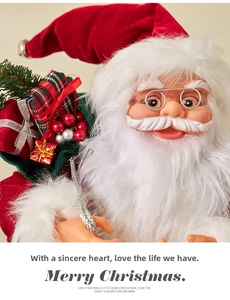 Close-up of Santa Claus doll with red velvet hat, silver glasses and green gift bag detail