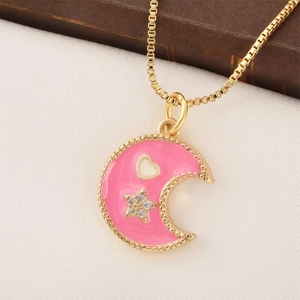 Gold-plated crescent moon necklace with pink enamel and a zircon star pendant