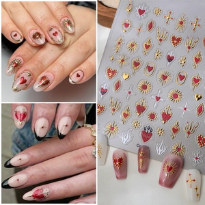 5D Nail Art Stickers Bronzing Red Heart Gold Cross Star Gothic Retro DIY Manicure Decoration For Women