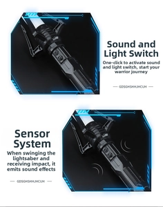 Close-up of black sci-fi toy lightsaber handle featuring sound and light sensor power switch