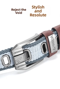 Close-up of grey striped canvas belt with matte metal pin buckle and leather loop