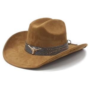 Brown faux suede western cowboy hat with metal bull head emblem and studded band