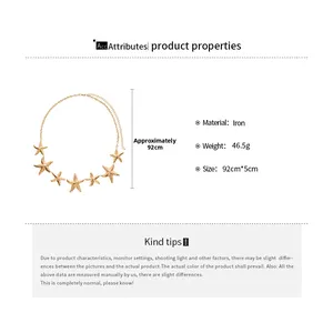 Golden metal starfish body chain detail with 92cm length and 5cm pendant specifications