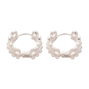 French vintage silver hoop earrings with crown lace design and delicate white pearls