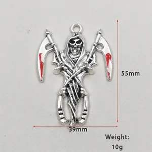 Gothic silver grim reaper skull pendant with double scythes and red enamel details
