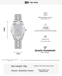 Detail view of silver luxury women watch showing 36mm dial size and rhinestone accents