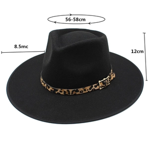 Detailed dimensions of black fedora hat with leopard print band and wide brim details