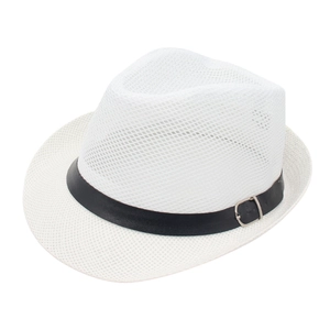 Detailed close-up of white mesh Panama hat with black leather belt and silver metal buckle