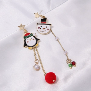 Christmas snowman and penguin asymmetric earrings with red pompom and pearls on silk