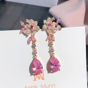 Rose Flower Teardrop Dangle Earrings Pink Crystal Elegant Long Drop Jewelry For Women With Silver Earring Post