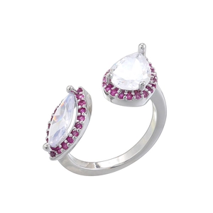 Detailansicht verstellbarer Ring mit Tropfen- und Marquise-Schliff und rosa Halo
