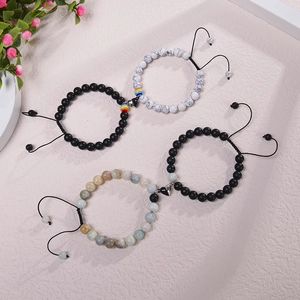 Magnetic heart couples bracelets with natural stone beads and adjustable braided rope