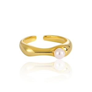 Geometric Wave S925 Sterling Silver Ring With Shell Artificial Pearl Adjustable Open Design French Style Jewelry For Women