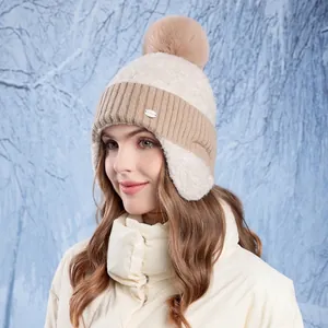 Women Winter Knit Beanie Hat With Ear Protection Pompom Thickened Plush Lining Warm Outdoor Casual Acrylic Fashion