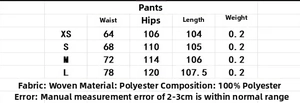 Size chart for jacquard split pants set showing detailed measurements for XS to L sizes