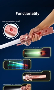 Detailed view of toy light saber features including color change and motion sound effects