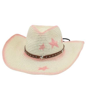 Detail of straw cowboy hat with pink gradient stars and metallic star studded leather band