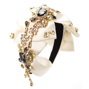 Baroque style cream velvet headband with luxury crystal bow and rhinestone accents