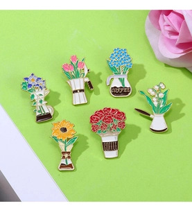 Detailed set of 6 enamel pins featuring coffee pots and colorful floral arrangements