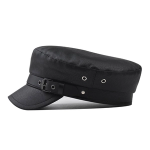 Women's black PU leather flat top military hat with side buckle and metallic eyelets