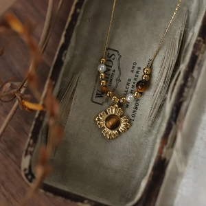 Vintage Flower Pendant Necklace Gold Plated Titanium Steel With Tiger Eye Stone And Imitation Artificial Pearl Jewelry For Women