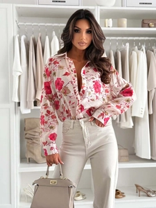 Women Long Sleeve Blouse Shirt Polyester Floral Print Polo Collar Button Up Loose Casual Fashion Office Tops