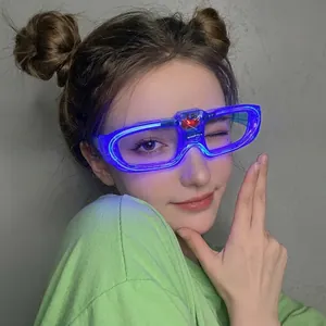 Close-up of futuristic blue LED glowing glasses with cyberpunk style frame on model