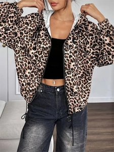 Elegant leopard print hooded jacket with zipper and adjustable drawstring hem for women