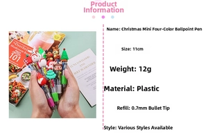 Close-up of a 11cm Christmas multi-color ballpoint pen held by a hand over props