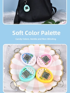 Close-up of mini electronic pet toys in pastel colors with metal keychains and LCD screens