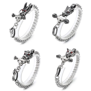 Men Titanium Steel Animal Head Bracelet Gothic Punk Dragon Wolf Tiger Leopard Heavy Chain OT Clasp Red Stone Eyes
