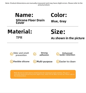 Detail showing TPR silicone floor drain cover specifications in blue and gray colors